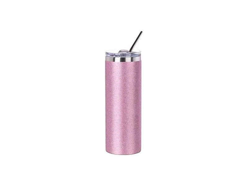 20oz / 600ml Sublimation Glitter Stainless Steel Skinny Tumbler – Pink with Straw & Lid | Sublimation Blank
