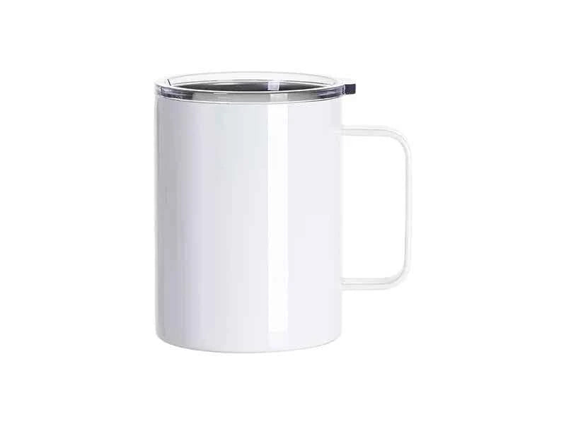 13oz / 400ml Sublimation Stainless Steel Coffee Cup – White with Clear Lid & Handle | Sublimation Blank