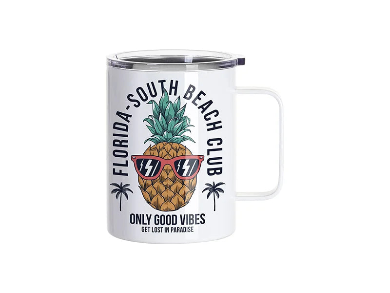 13oz / 400ml Sublimation Stainless Steel Coffee Cup – White with Clear Lid & Handle | Sublimation Blank