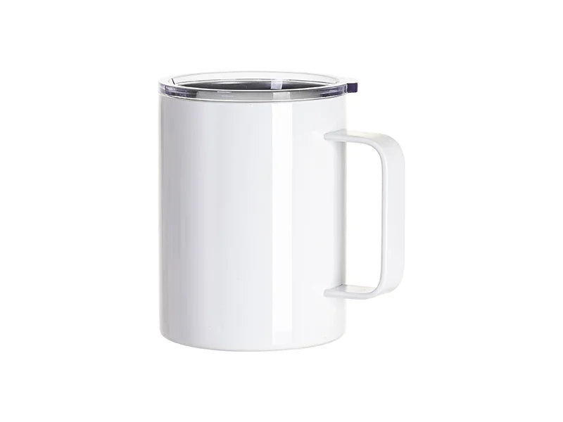 13oz / 400ml Sublimation Stainless Steel Coffee Cup – White with Clear Lid & Handle | Sublimation Blank