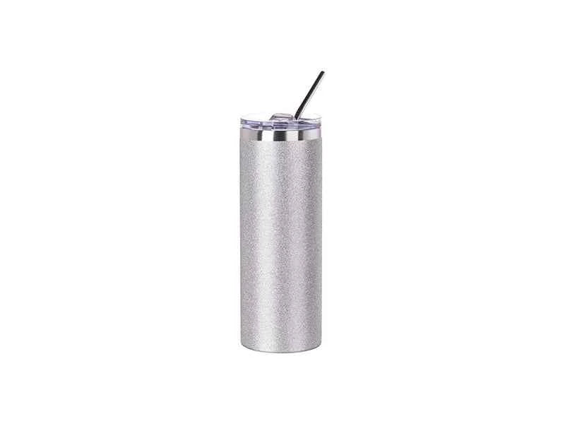 20oz / 600ml Sublimation Glitter Stainless Steel Skinny Tumbler – Silver with Straw & Lid | Sublimation Blank