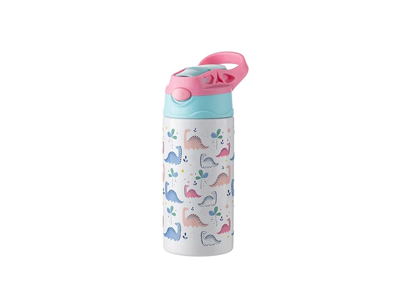 12oz/360ml Kids Stainless Steel Bottle With Silicon Straw &Pink Cap(White)