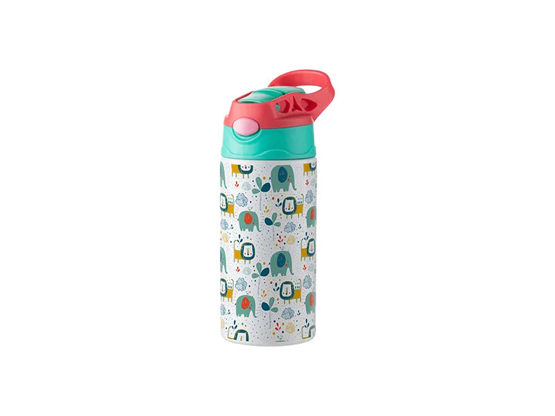 12oz / 360ml Sublimation Kids Stainless Steel Bottle with Silicone Straw & Red Cap – White