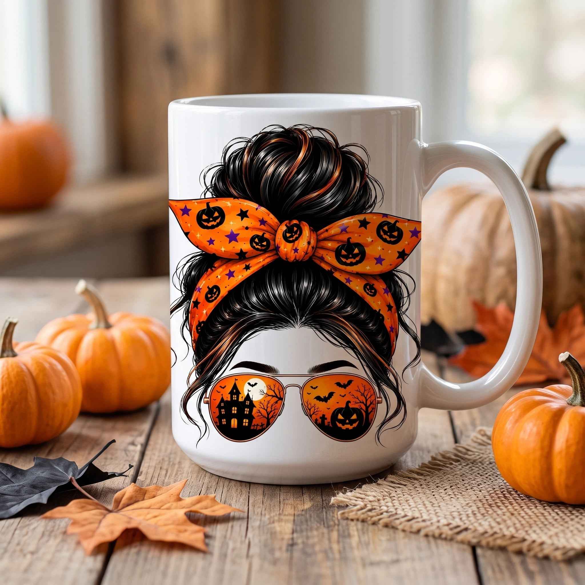 Clipart PNG Messy Bun Calabazas Halloween – Chica Gafas Castillo Embrujado | Descarga Digital 4500px