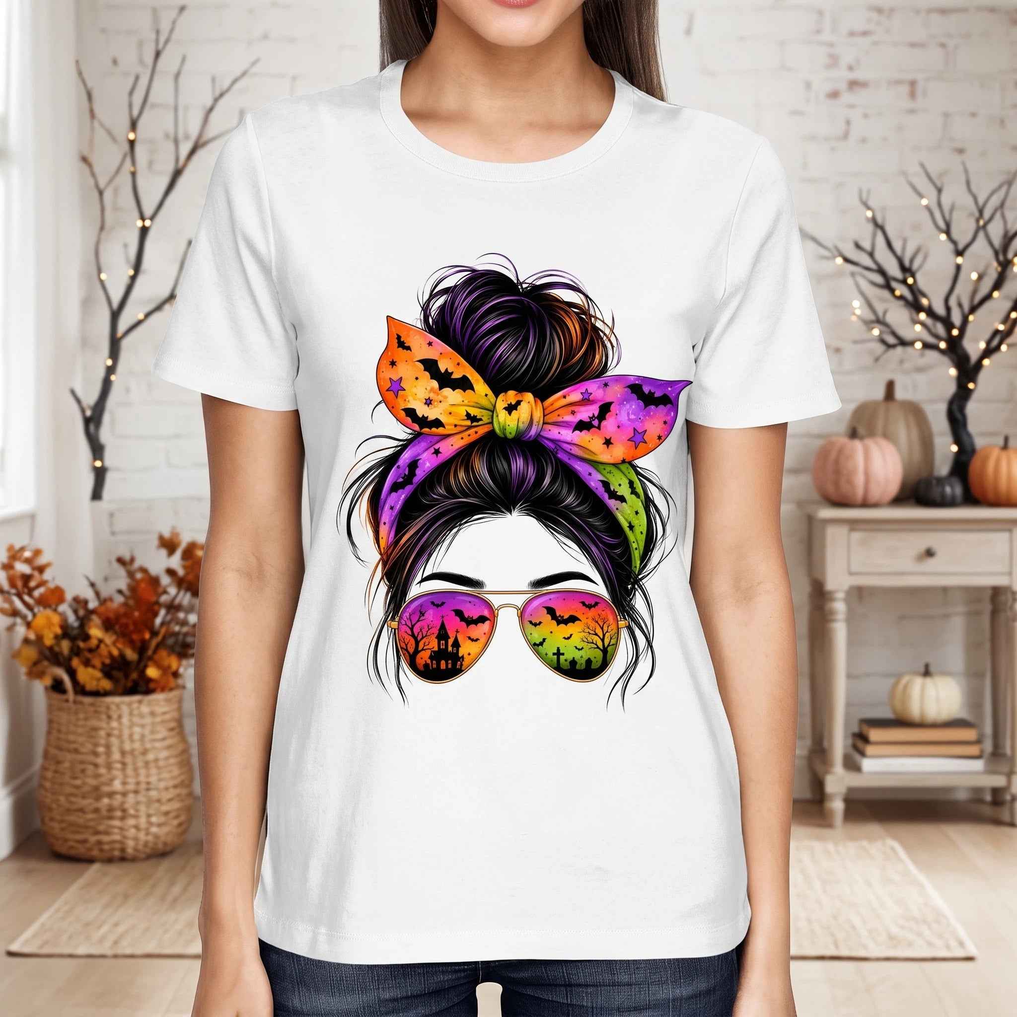 Clipart PNG Messy Bun Halloween – Chica con Gafas Castillo Embrujado | Descarga Digital 4500px