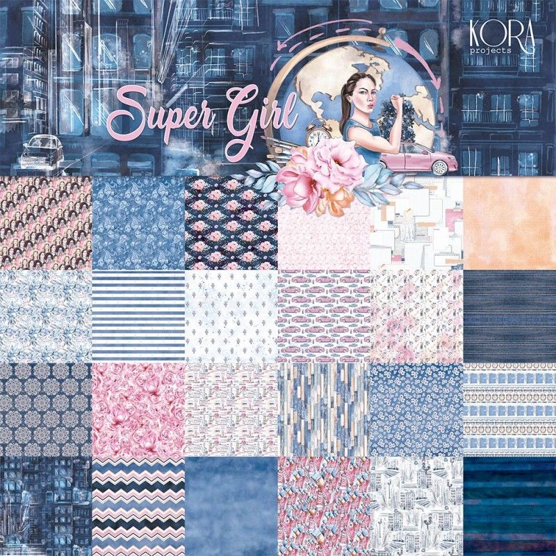 12 double-sided decorated papers from the "Super Girl" collection. 1 sheet of each design. Weight 250gr/m2