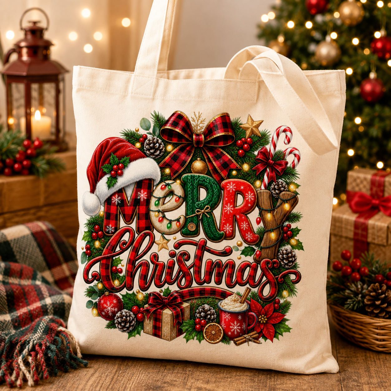 Merry Christmas Wreath Buffalo Plaid - Clip Art Navideño Descarga Digital
