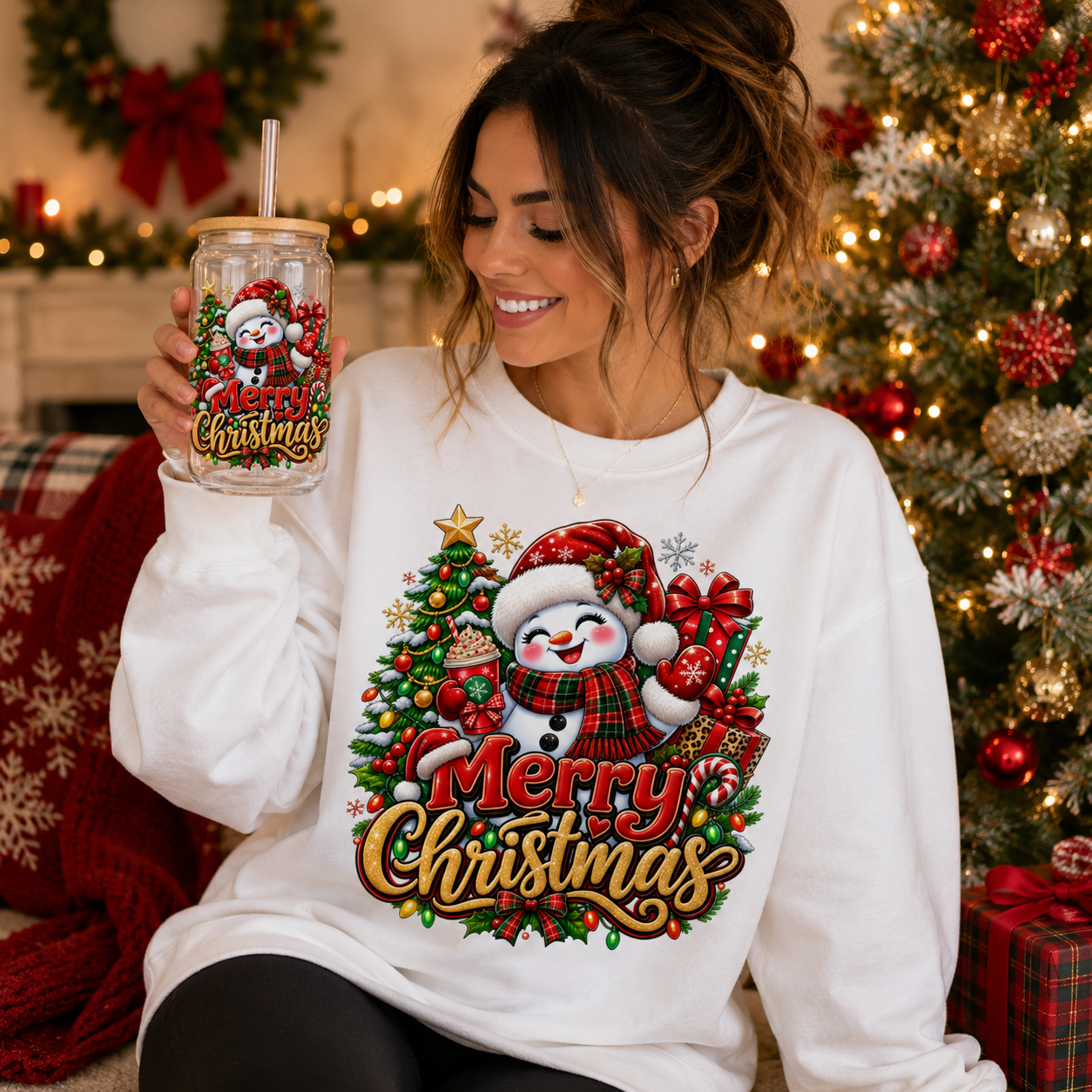 Merry Christmas Muñeco de Nieve Glass Can - Clip Art Descarga Digital