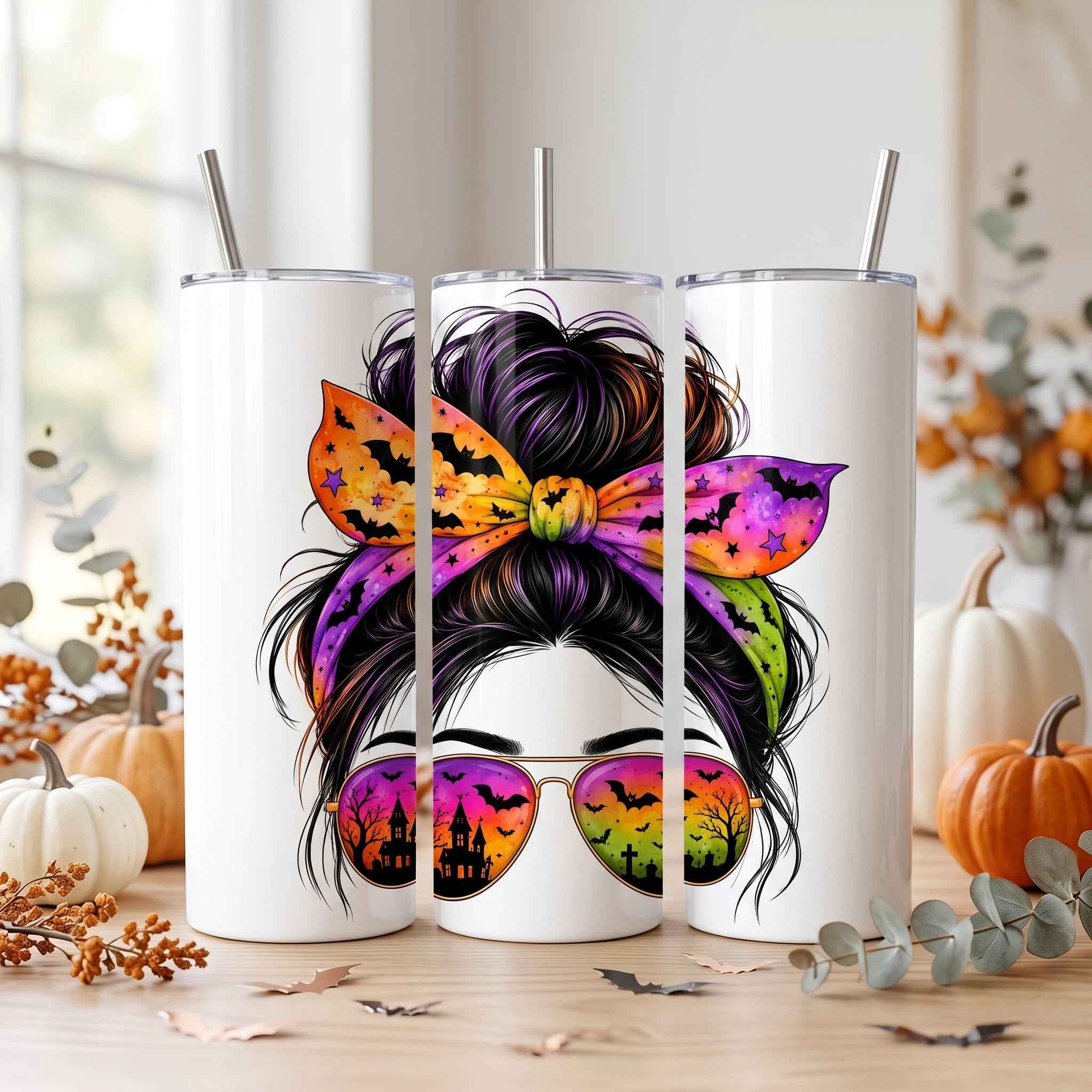 Clipart PNG Messy Bun Halloween – Chica con Gafas Castillo Embrujado | Descarga Digital 4500px