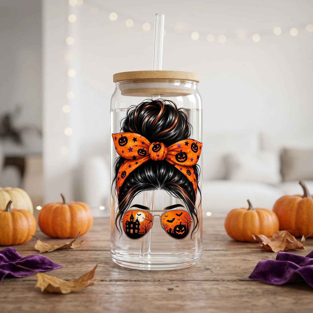 Clipart PNG Messy Bun Calabazas Halloween – Chica Gafas Castillo Embrujado | Descarga Digital 4500px