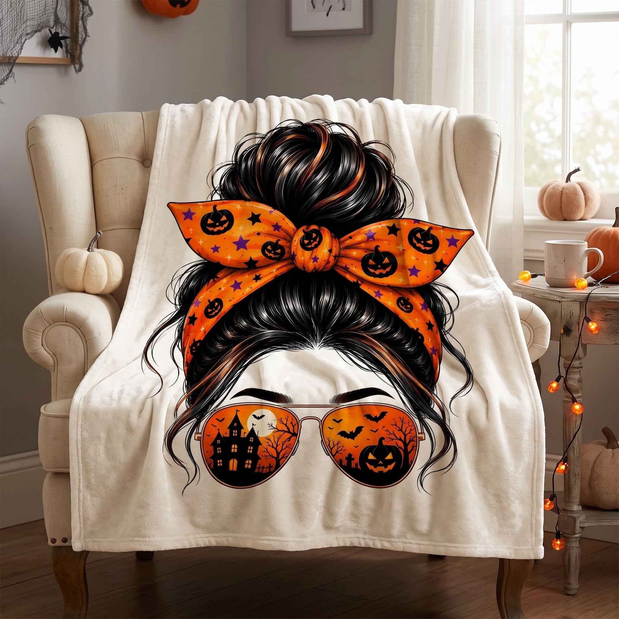 Clipart PNG Messy Bun Calabazas Halloween – Chica Gafas Castillo Embrujado | Descarga Digital 4500px