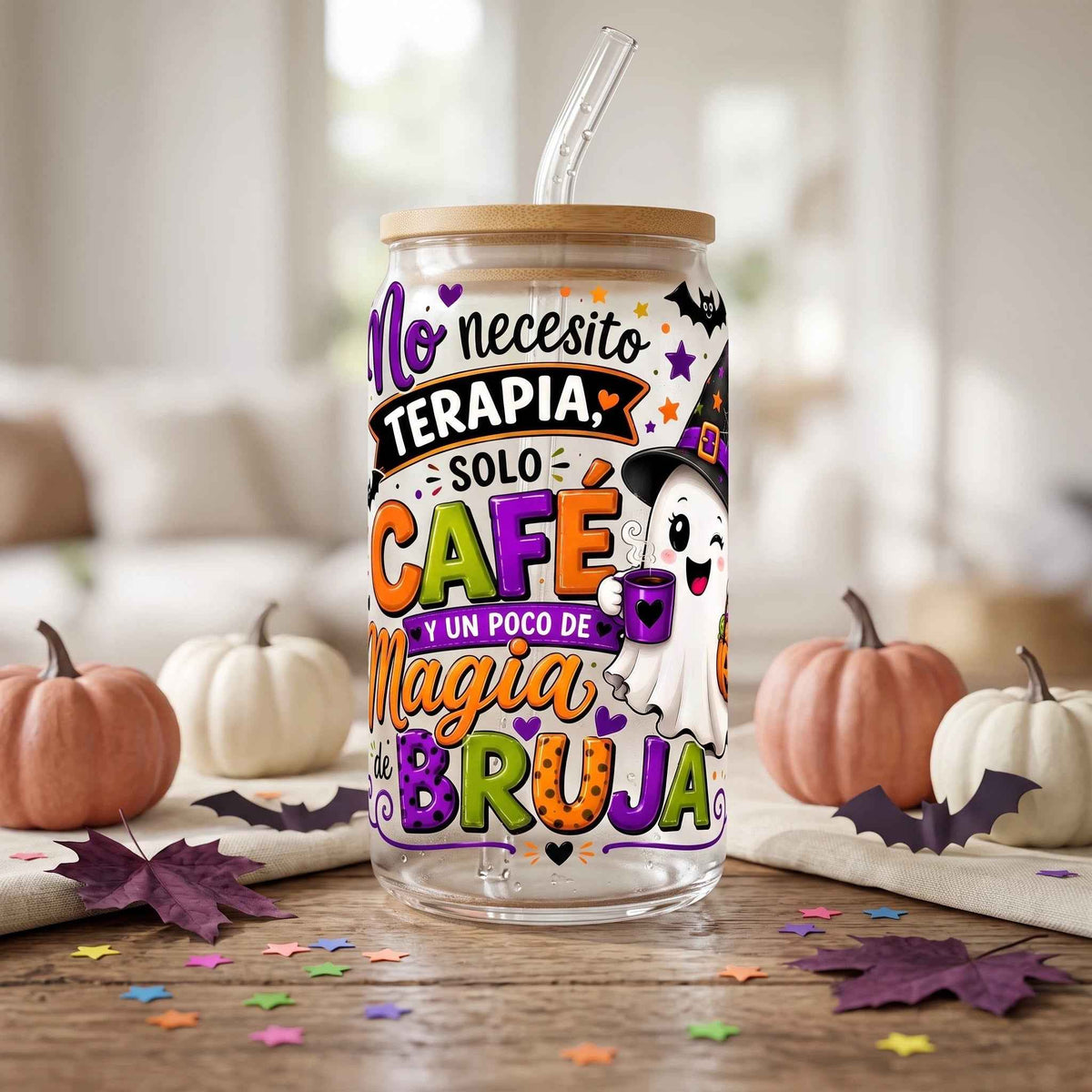 Wrap PNG No Necesito Terapia Solo Café y Magia de Bruja – Vaso Vidrio Halloween | Descarga Digital