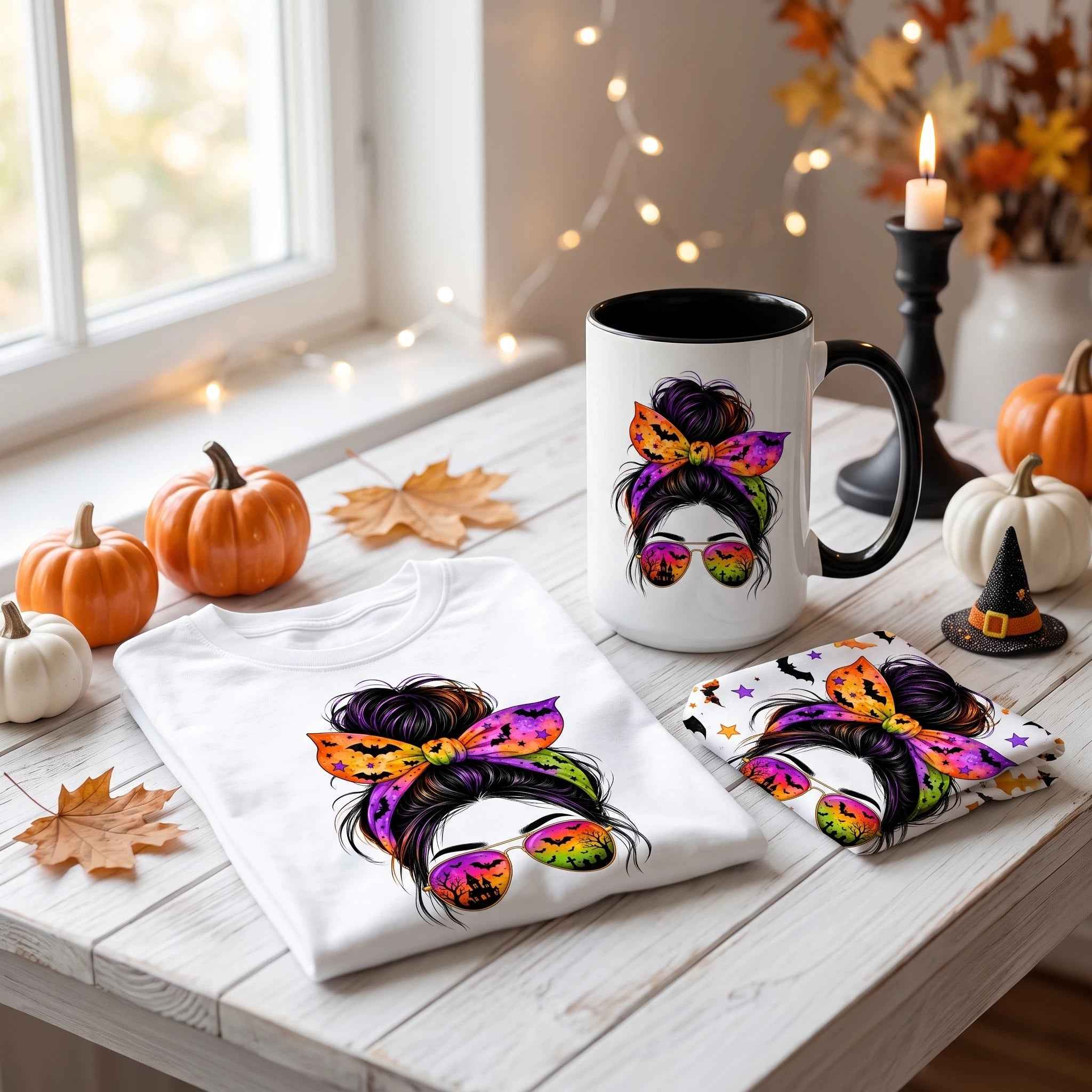 Clipart PNG Messy Bun Halloween – Chica con Gafas Castillo Embrujado | Descarga Digital 4500px