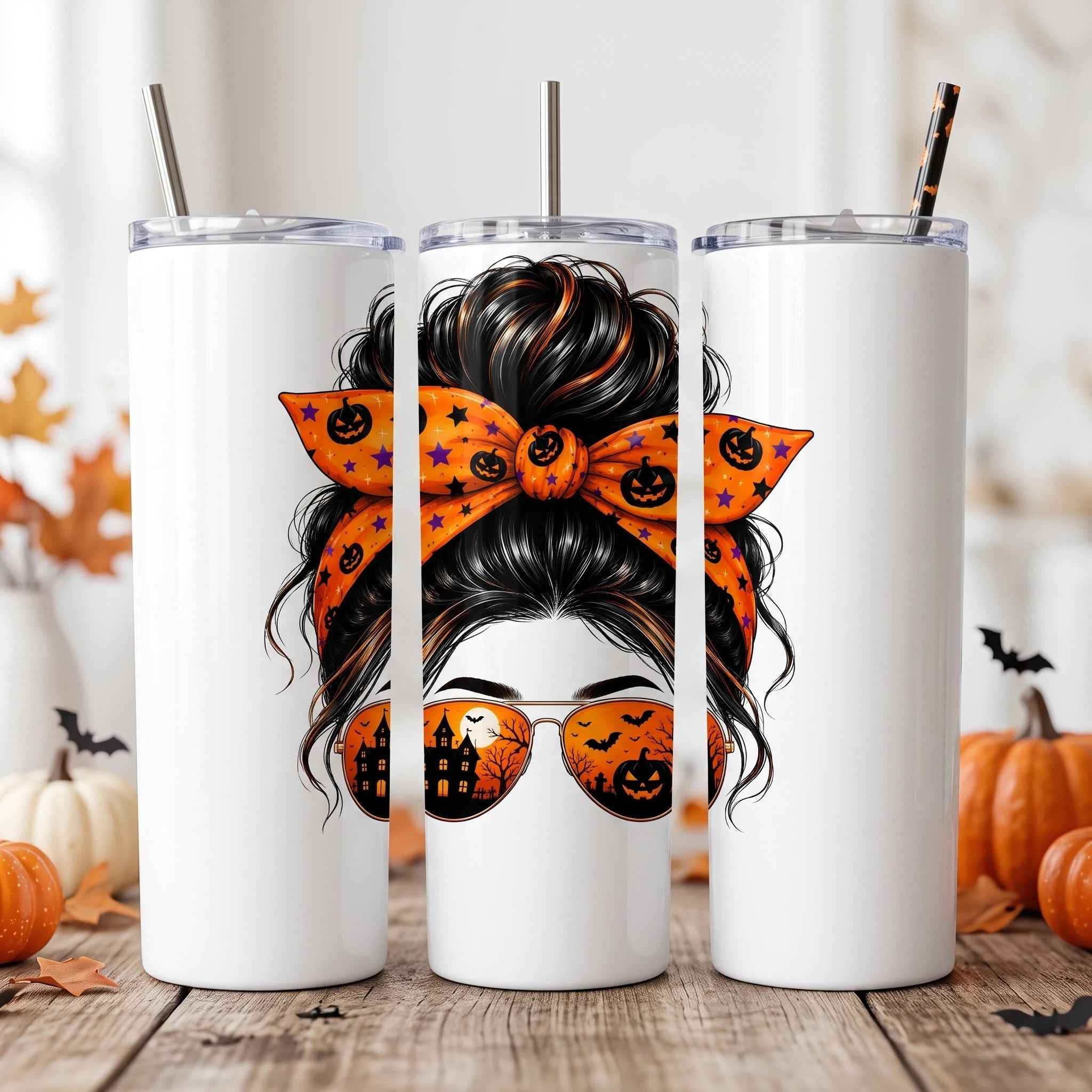 Clipart PNG Messy Bun Calabazas Halloween – Chica Gafas Castillo Embrujado | Descarga Digital 4500px