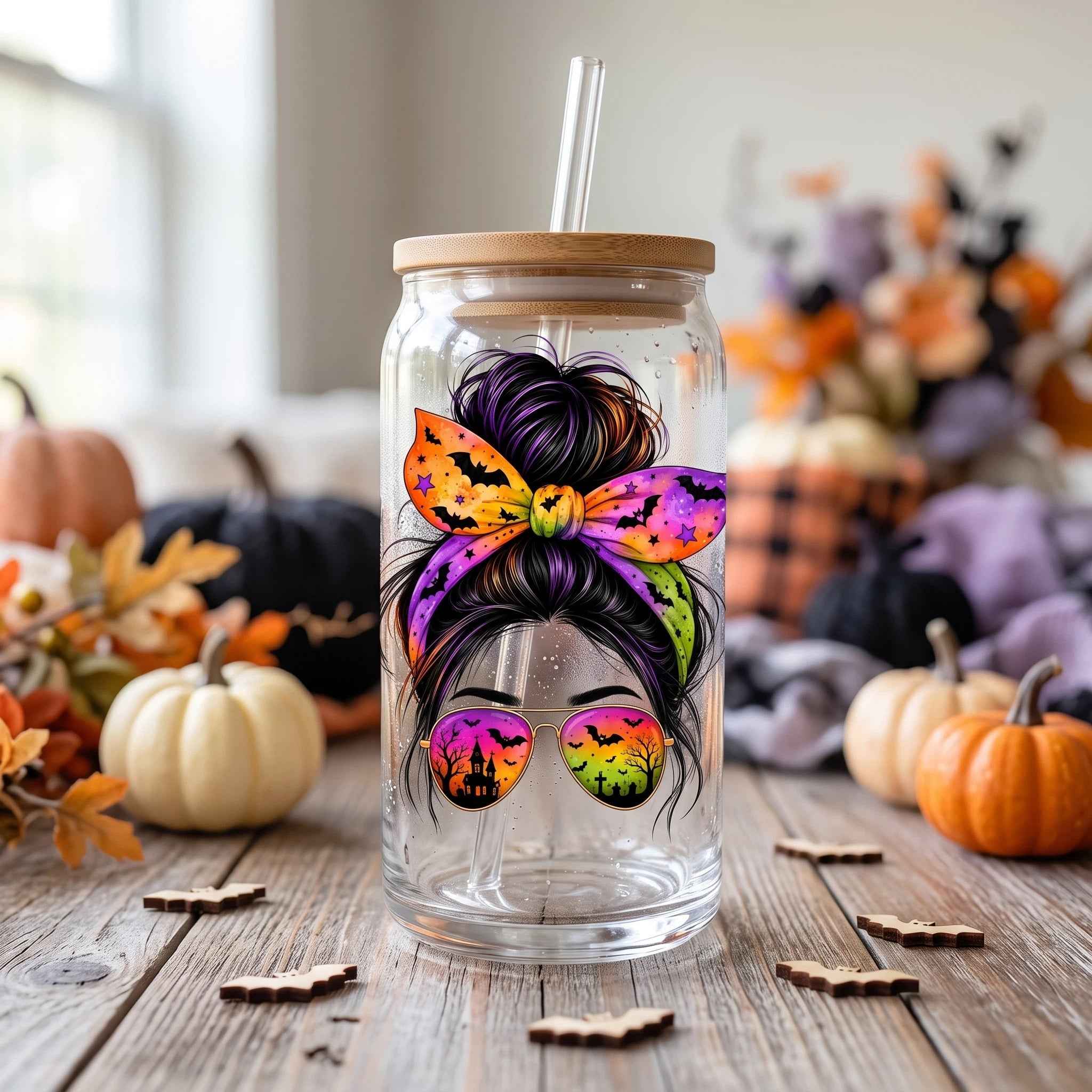Clipart PNG Messy Bun Halloween – Chica con Gafas Castillo Embrujado | Descarga Digital 4500px