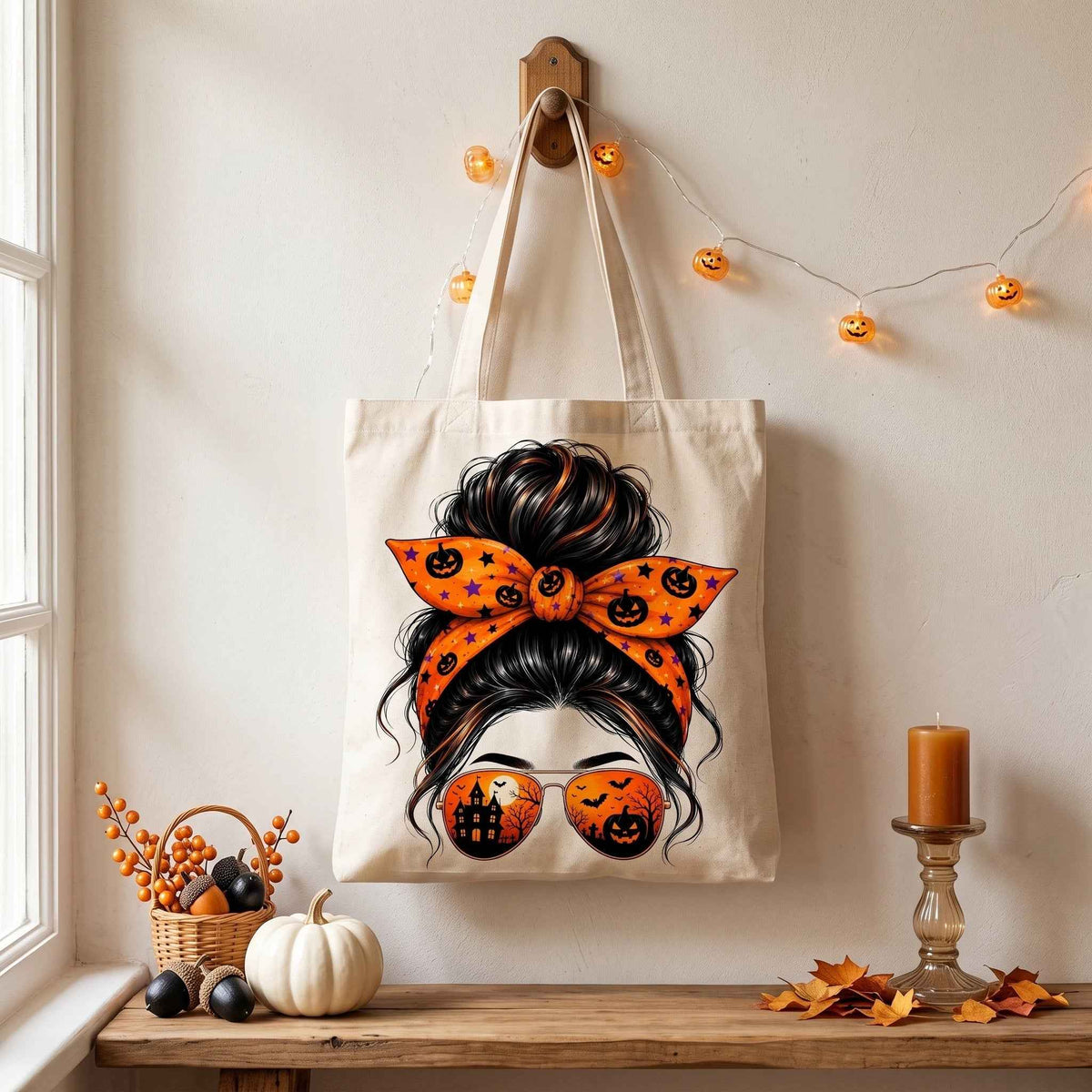 Clipart PNG Messy Bun Calabazas Halloween – Chica Gafas Castillo Embrujado | Descarga Digital 4500px