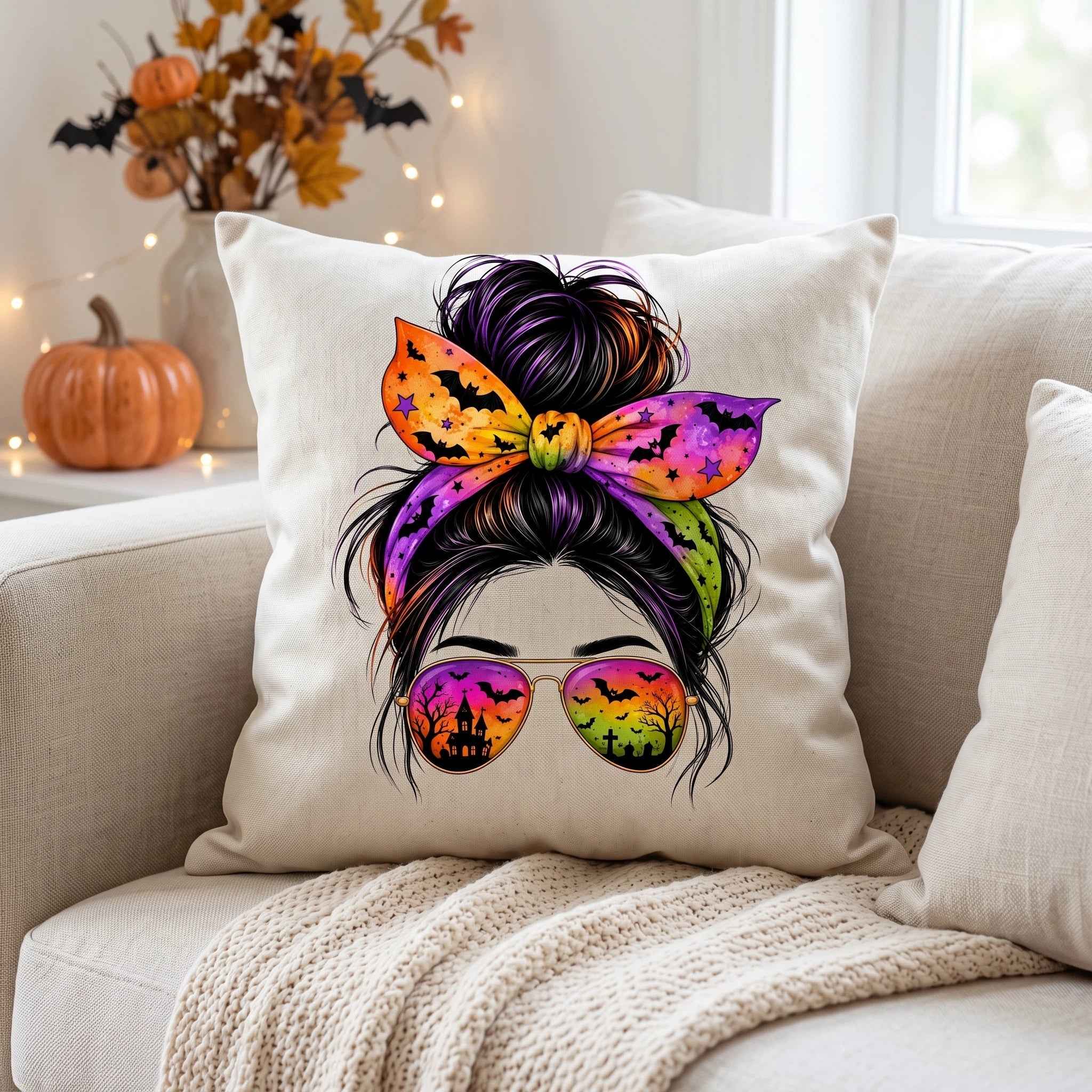 Clipart PNG Messy Bun Halloween – Chica con Gafas Castillo Embrujado | Descarga Digital 4500px